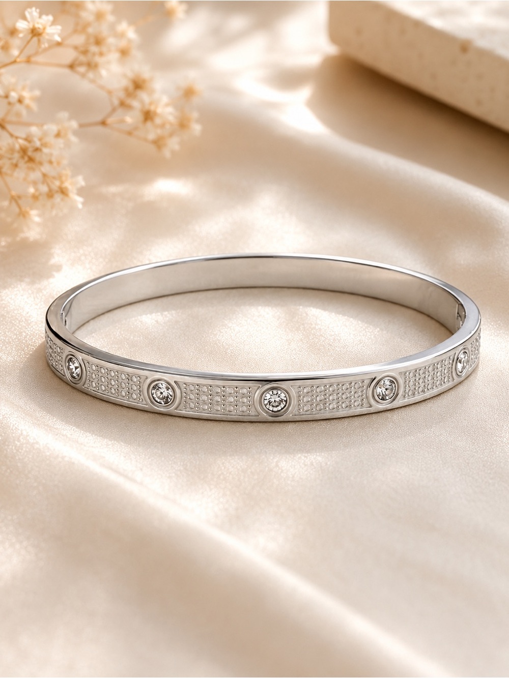 Stainless Steel CZ Bangle Bracelet - Silver